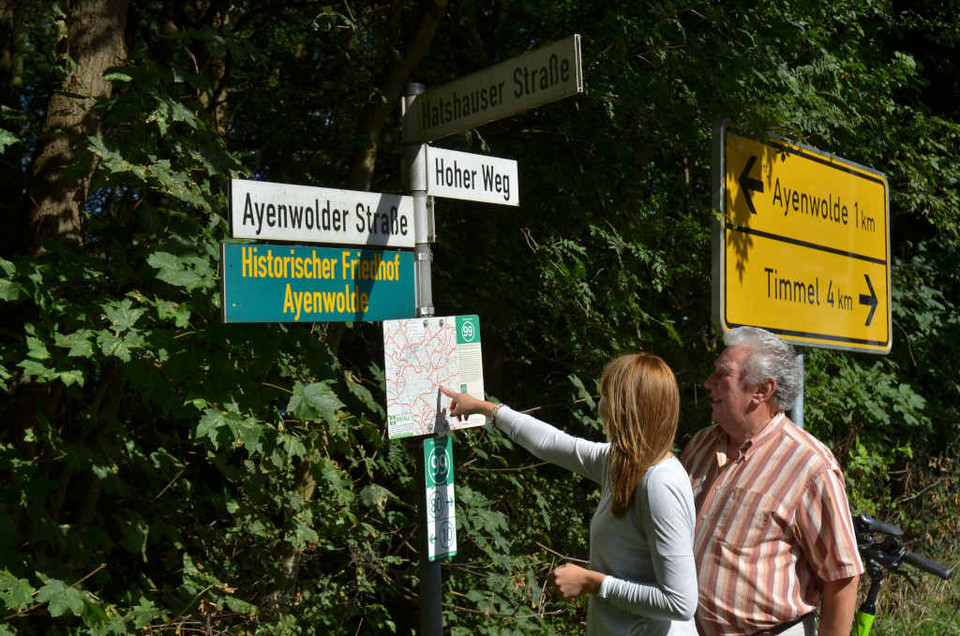 Zwei Personen stehen am Knotenpunktschild